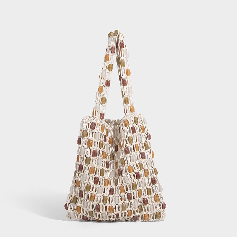 Borsa a tracolla in rete con perline, realizzata a mano, con intreccio di perline e blocchi di colore, per la primavera e l'estate 2025, Hundred Leisure Daily_voghion.com