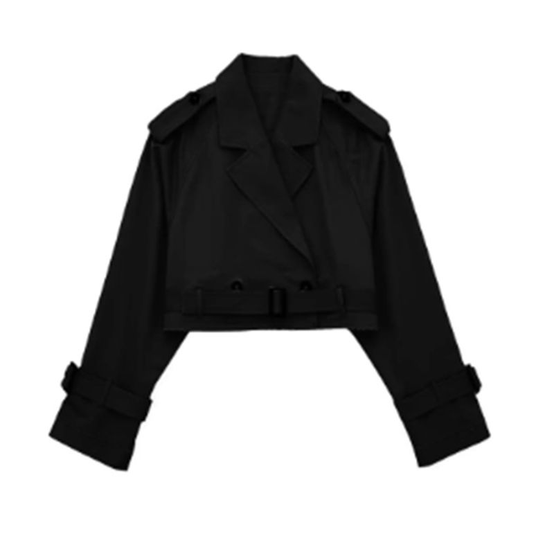Trench corto da donna – Giacca blazer casual slim fit con cintura, doppiopetto (nero, cachi, marrone scuro, blu navy, verde militare)_voghion.com