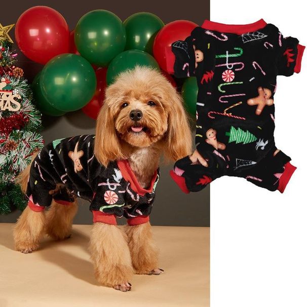 Pet Clothes Candy Reindeer Snowflake Pattern Ribbed Crew Neck Coral Warm Dog Four-Legged Fleece Jacket_voghion.com