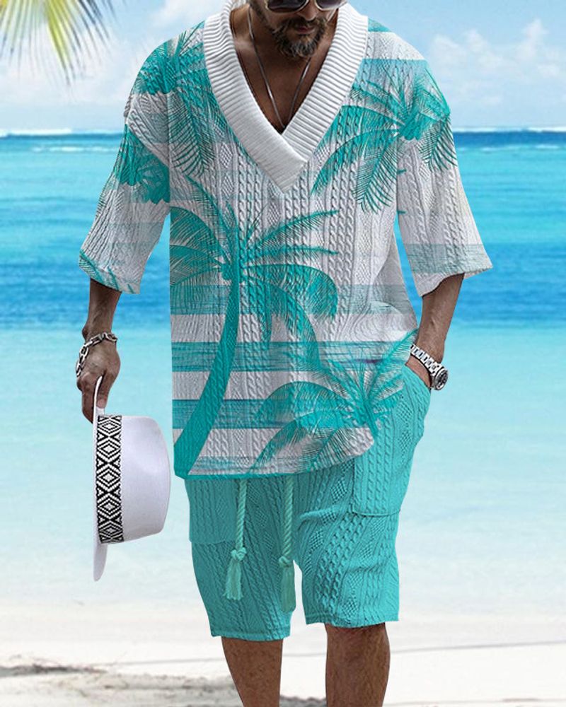 Technology Plaid Print Large Size Drop Shoulder Men's Knitted Short Sleeve Shorts Suit_voghion.com