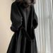Women's Plus Size Long Wool Coat With Belt, Oversized Trench Coat For Curvy Ladies, Warm Winter Overcoat In Navy & Black_voghion.com
