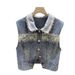 Renda Patchwork Denim Feminino Primavera Novo Estilo, Design Moderno, Colete Casual, Alça de Ombro_voghion.com