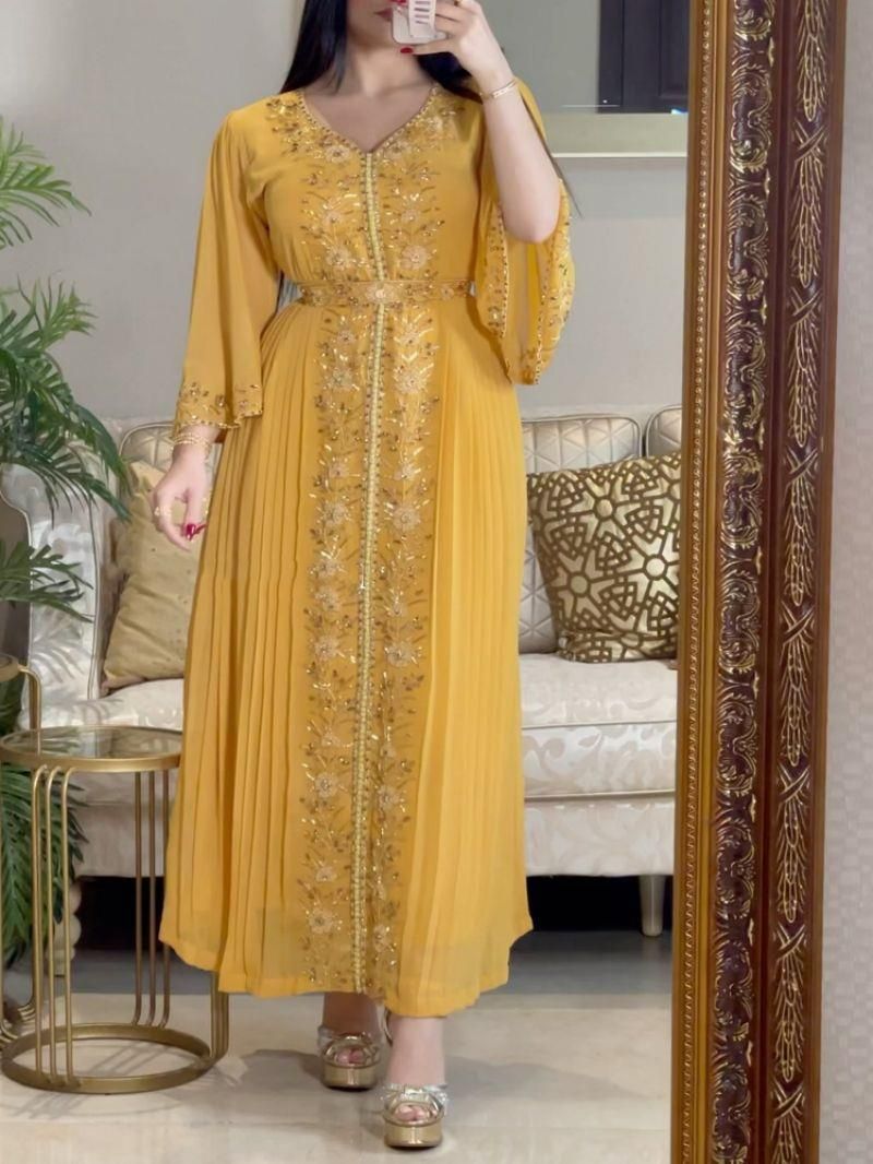 Damenbekleidung Bestickte Naht Diamant Kaftan Robe Abend_voghion.com
