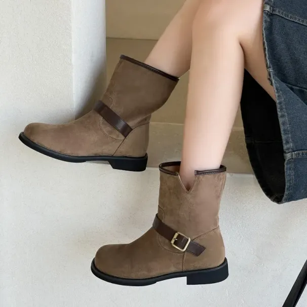 Women's Winter Martin Boots: Retro Round Toe Short Boots, Brown/Khaki 3c93_voghion.com