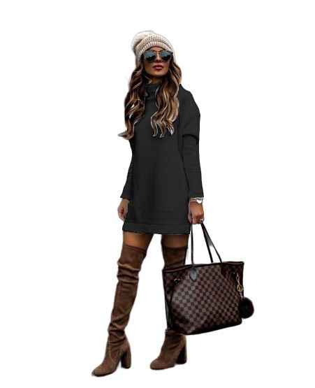 Abito in maglia oversize – Abito tunica casual a maniche lunghe con maniche a sbuffo_voghion.com