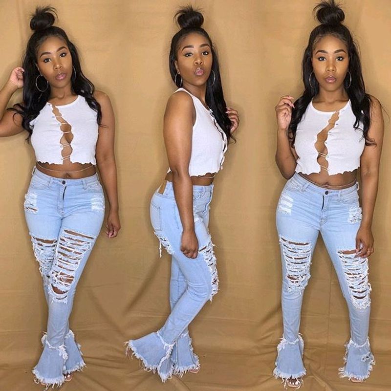 Damenbekleidung Quaste Loch Klassische Denim Rüschenhose_voghion.com