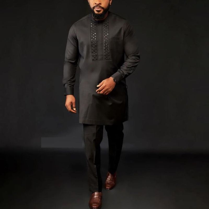 Men's Clothing Men's New Wedding Suit 2 Piece Men's Pants Suit Solid Color Round Neck Long Sleeve Festive Ethnic Style_voghion.com