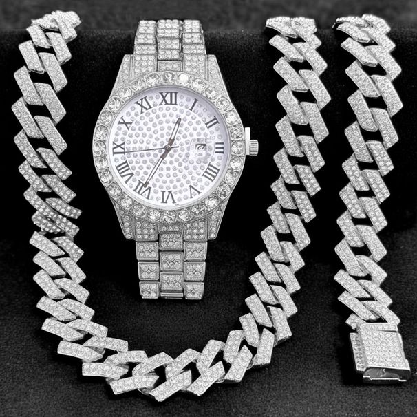Ensemble de bijoux tendance hip-hop, montre unisexe à chaîne en or avec micro-incrustations de zircon cubain et diamants._voghion.com