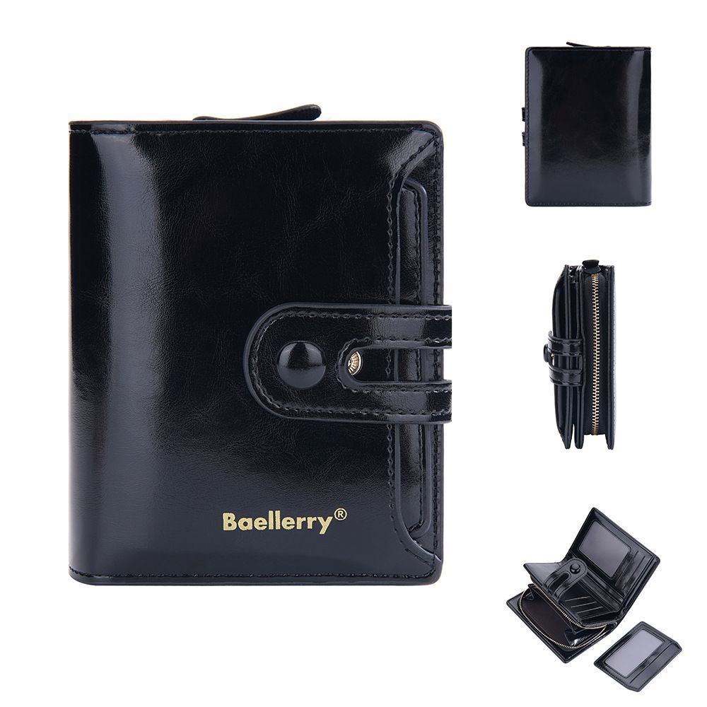 Portafoglio da donna corto Baellerry in pelle cerata lucida doppia fibbia portamonete con cerniera portacarte femminile_voghion.com