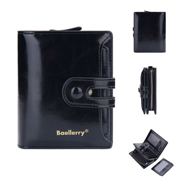 Portafoglio da donna corto Baellerry in pelle cerata lucida doppia fibbia portamonete con cerniera portacarte femminile_voghion.com