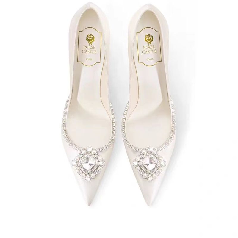 Zapatos de boda Zapatos de boda Zapatos de novia Hoja de vestido de novia de tacón alto con diamantes de imitación blancos_voghion.com