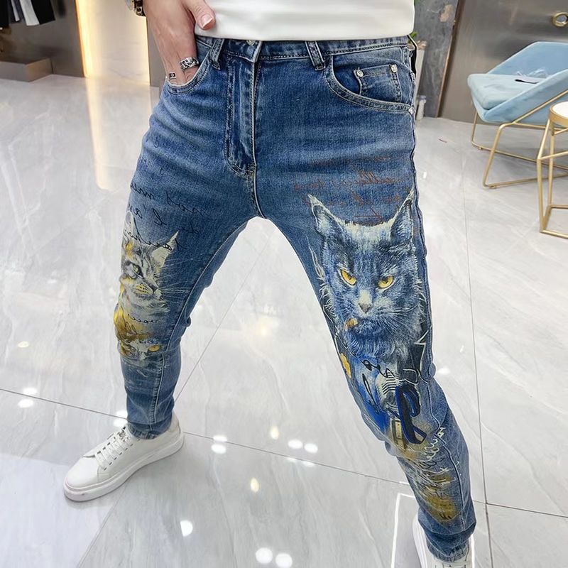 Abbigliamento da uomo Jeans stampati primaverili ed estivi Personalità alla moda da uomo Gattino Colore chiaro Sottile Slim Fit Pantaloni di marca di moda piccoli_voghion.com