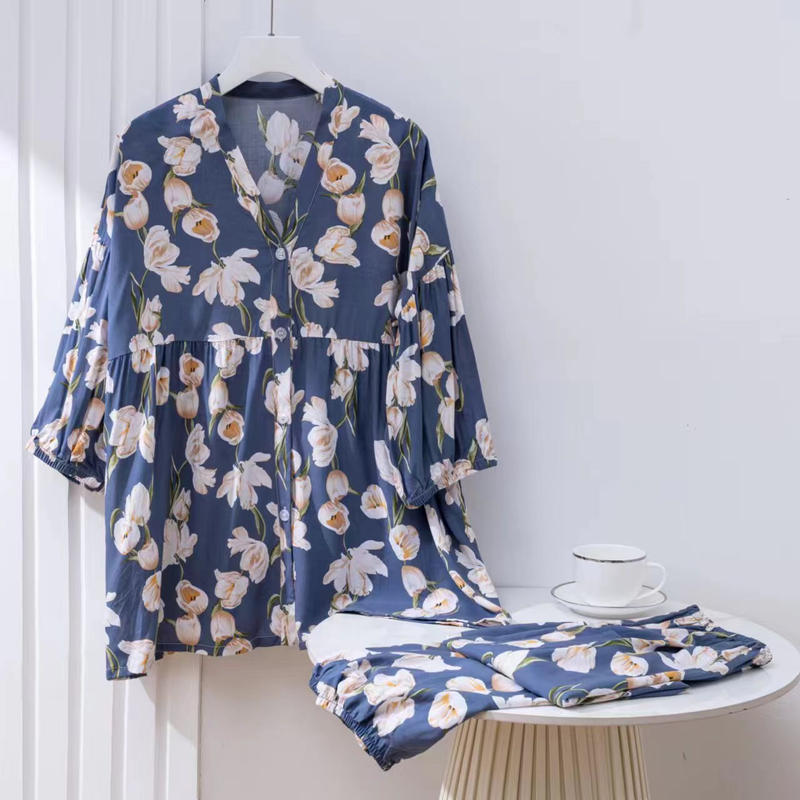 Pamut selyem pizsama nőknek, pamut selyem gombos, hétpontos ujjú, plus size vékony otthoni viselet_voghion.com