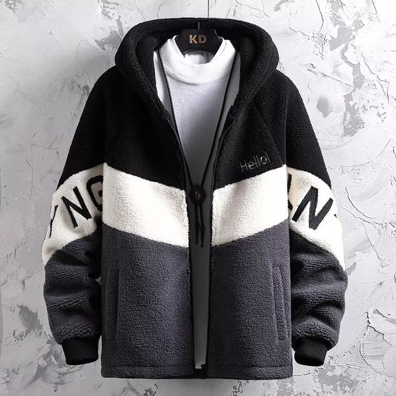 Herren-Fleecejacke in Übergröße – Übergroßer Sherpa-Kapuzenmantel (Schwarz/Grau, britischer Stil, lockere Passform, Größen M-8XL, maschinenwaschbar)_voghion.com