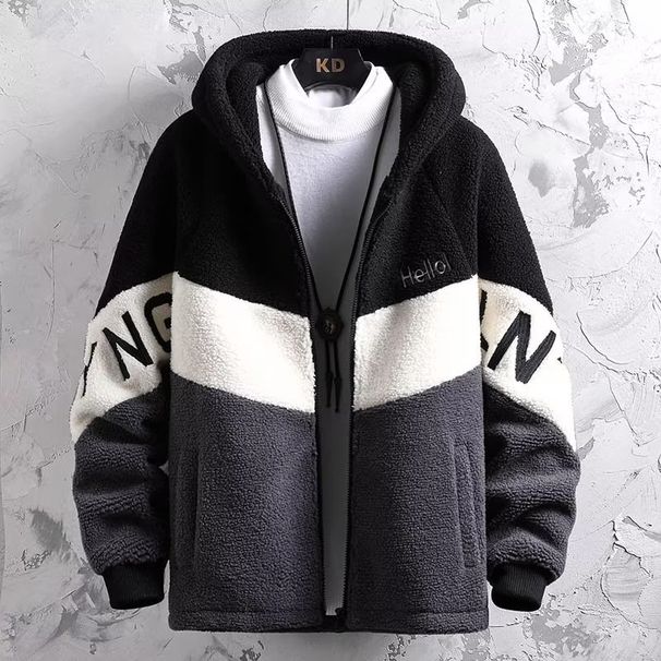 Herren-Fleecejacke in Übergröße – Übergroßer Sherpa-Kapuzenmantel (Schwarz/Grau, britischer Stil, lockere Passform, Größen M-8XL, maschinenwaschbar)_voghion.com