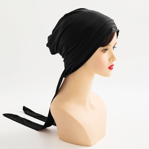 new solid color crystal  four stripe long tail turban hat women's hat streamer religious hat women's style_voghion.com