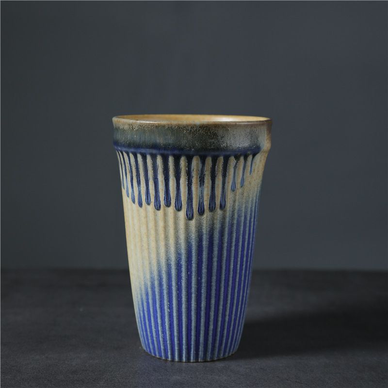 Ceramic coffee cup with vertical stripes, European family breakfast cup, retro kiln transformed couple cup, coffee cup_voghion.com