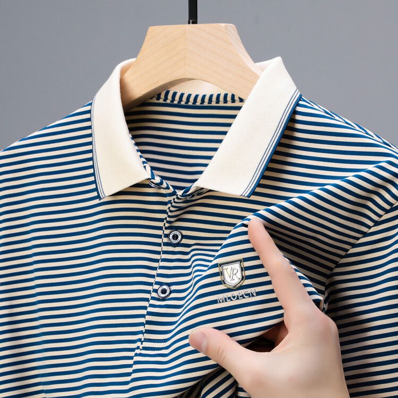 2024 Summer New Shirt Men's Polo Collar Thin Middle And Elderly T-shirt Short Sleeved Striped Top_voghion.com
