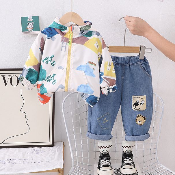 2025 Frühling Herbst Kinderbekleidungsset, koreanische Ausgabe mit Kapuze, lässige Tierjacke, langärmeliges zweiteiliges Set,_voghion.com