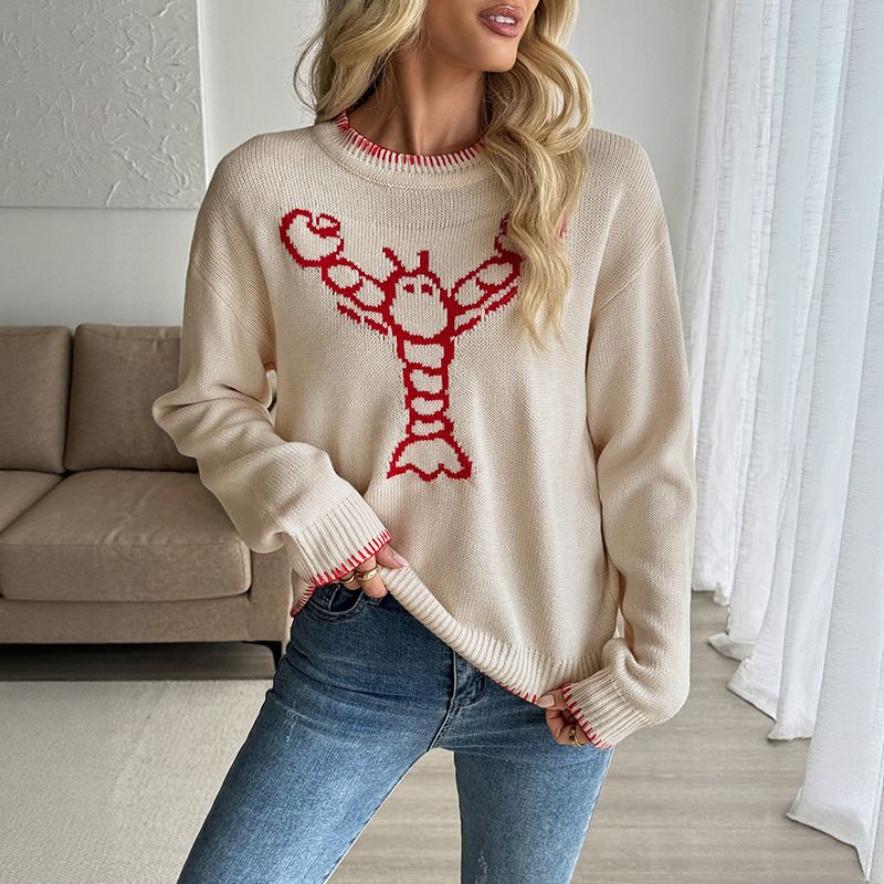 Pull imprimé animal contrasté – Pull en tricot acrylique pour femme (S-L, crème)_voghion.com