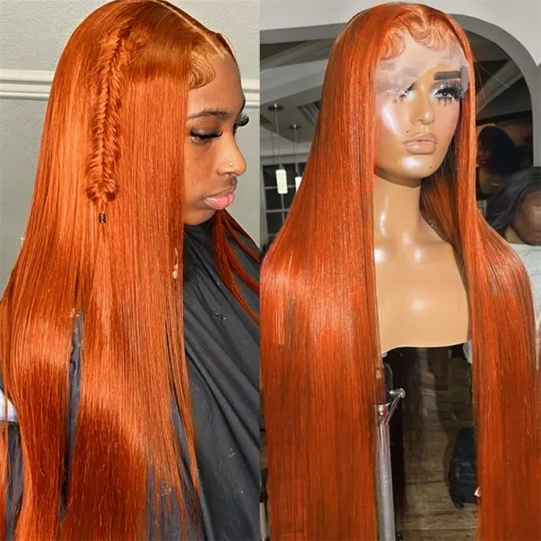 Ginger Orange Lace Front Human Hair Wig 13x4 Transparent Straight Pre Plucked Colored Remy Wigs_voghion.com