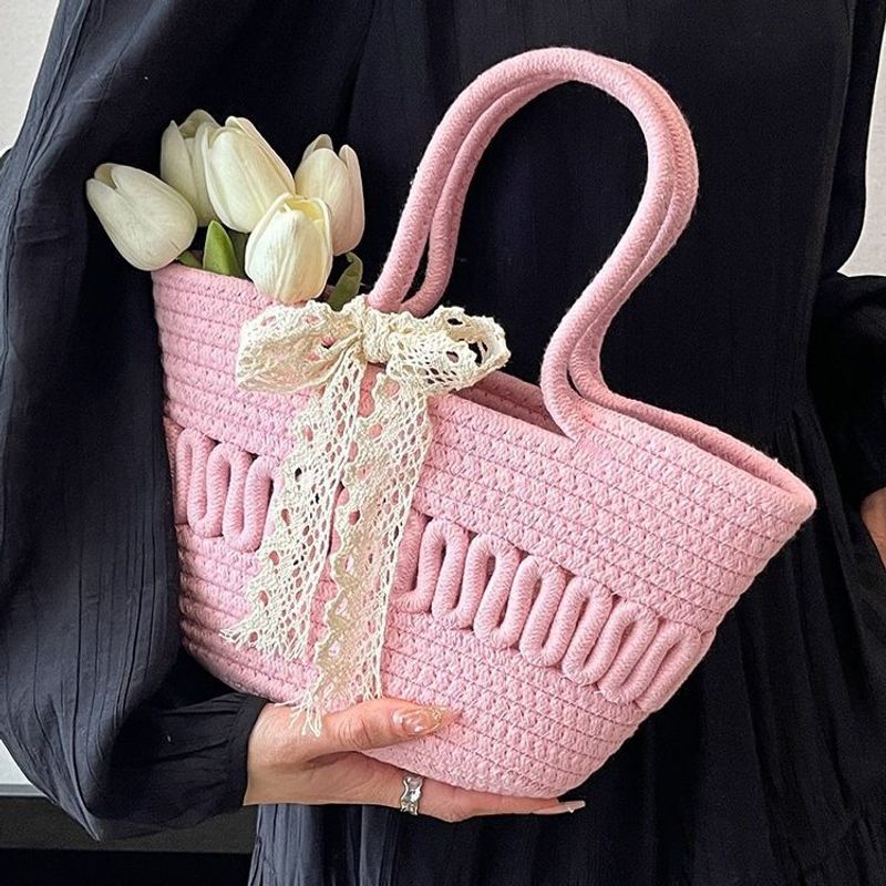 Herbe à nœud de style français pour femmes en été, fille douce, sac seau tissé décontracté, sac fourre-tout à une épaule_voghion.com