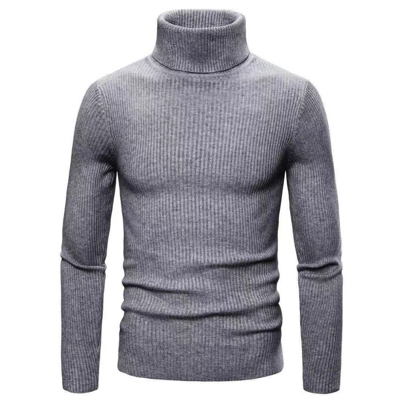 Pull à col haut pour hommes, couleur unie, Version coréenne, coupe cintrée, à rayures pour jeunes, avec fil tricoté en bas, automne et hiver_voghion.com
