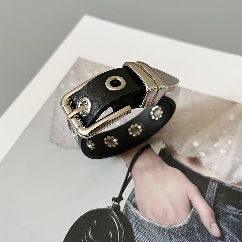 Homemade dark style motorcycle punk hardcore girl metal buckle wide belt buckle bracelet bracelet genuine leather aura accessories_voghion.com
