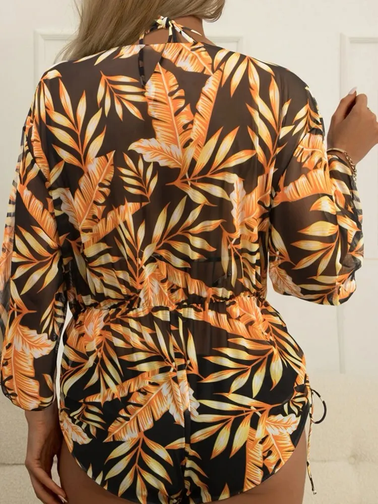 Maillot de bain une pièce à manches longues en maille avec ceinture et imprimé taille haute et cordon de serrage pour femme_voghion.com