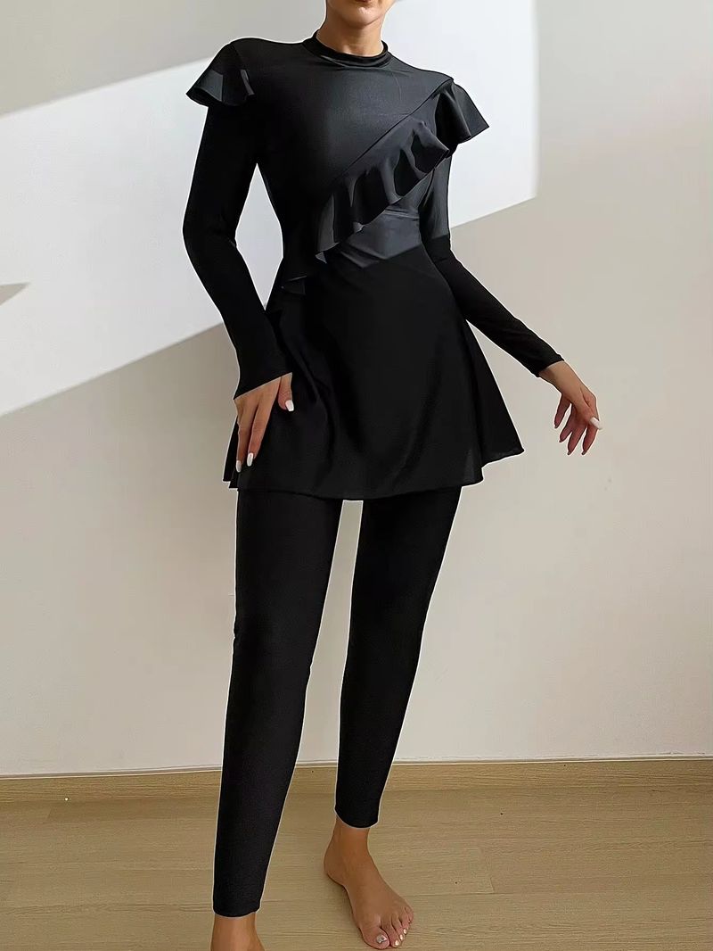 Maillot de bain musulman 3 pièces pour femme, couleur unie, en bois_voghion.com