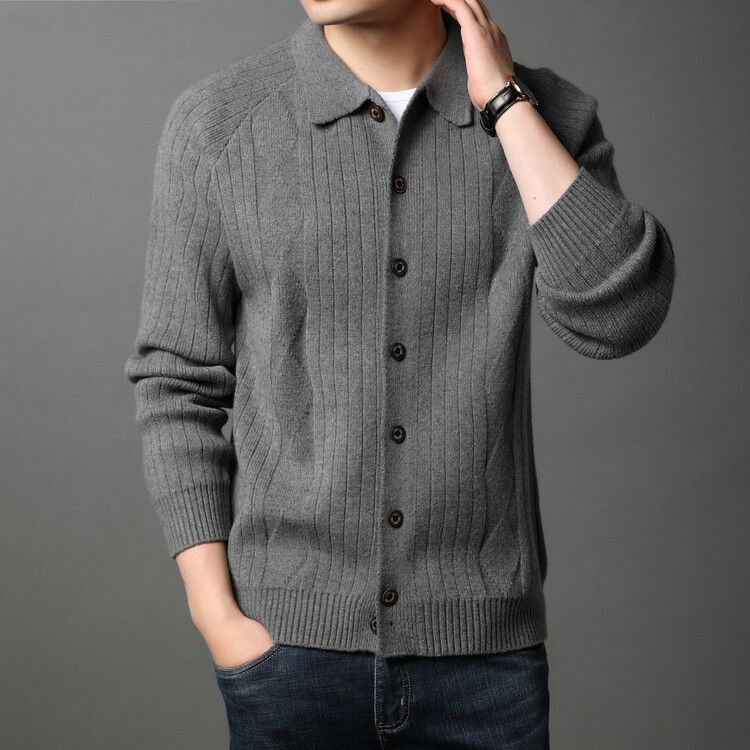 Dicke Strickjacke aus Jacquard für Herbst und Winter, lässiger Modepullover mit Revers für Männer, trendiges Papa-Outfit_voghion.com