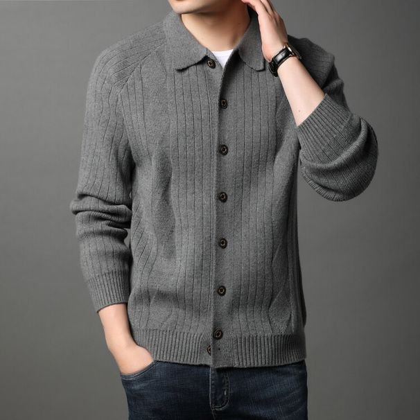 Dicke Strickjacke aus Jacquard für Herbst und Winter, lässiger Modepullover mit Revers für Männer, trendiges Papa-Outfit_voghion.com