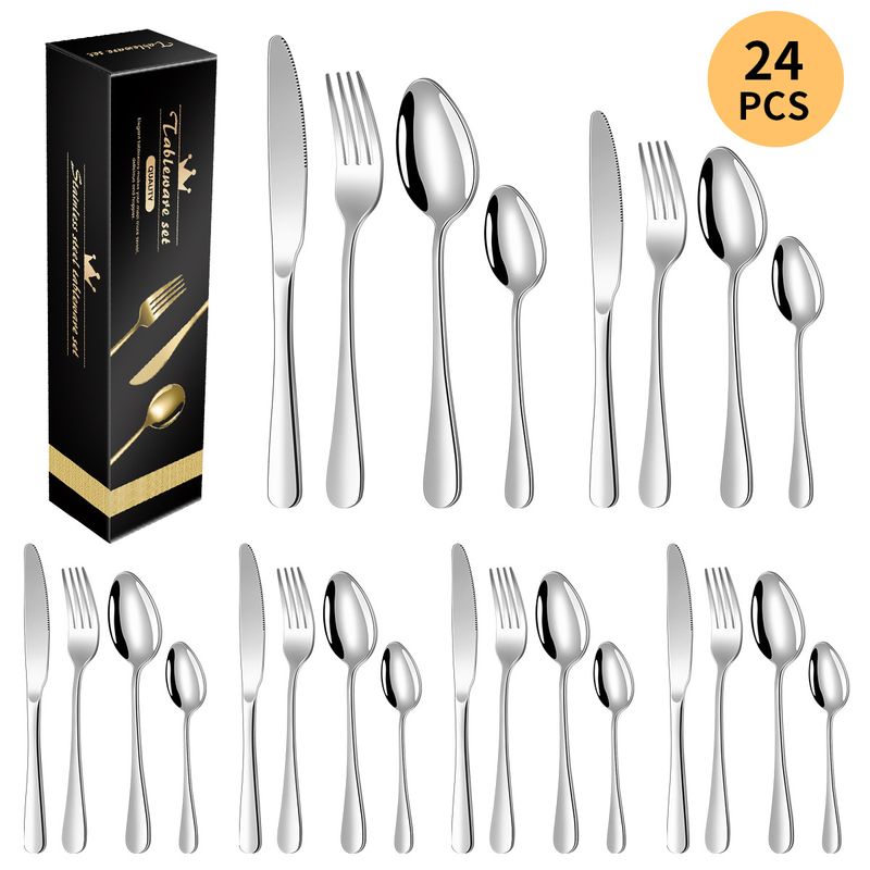 24-Piece Stainless Steel Cutlery Set By Sparkle – Elegant Dinner Knife Fork Spoon Gift Set, Mirror-Polished 410 Stainless Steel_voghion.com