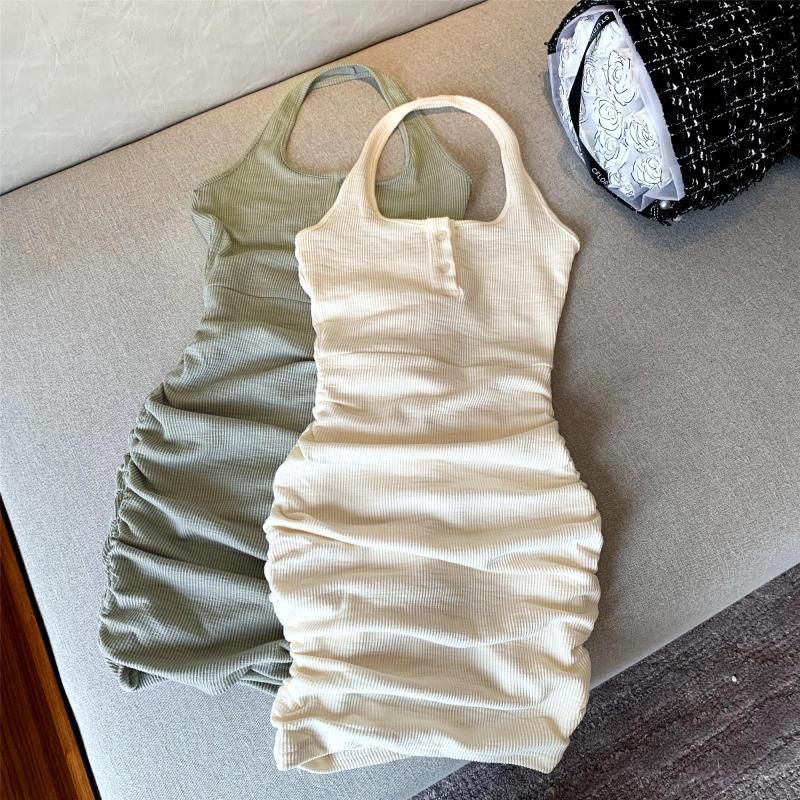 Mère et enfants filles à la mode doux mince couleur unie licou Camisole hanche couverture robe 2024 été nouvelle jupe_voghion.com