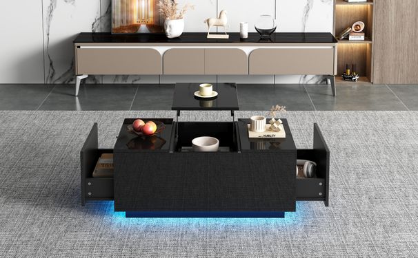 Table basse relevable avec LED, hauteur réglable et extensible, 95 x 48 x 40 cm, table de salon multifonctionnelle avec 2 tiroirs, noire_voghion.com