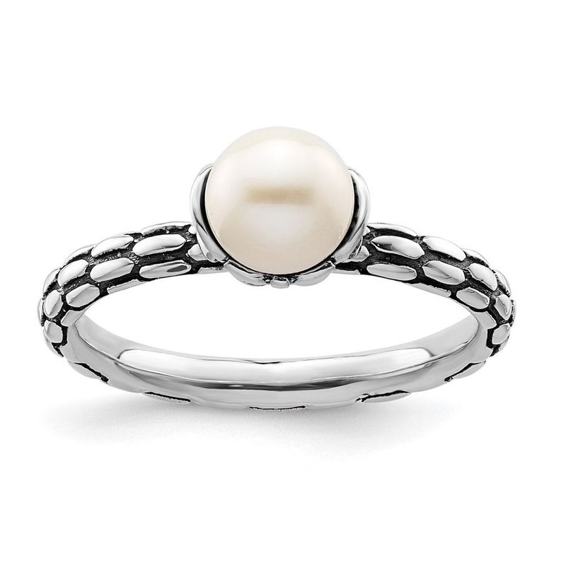 Sterling Silver Stack Exp. Polished Patterned White FW Cultured Pearl Ring_voghion.com