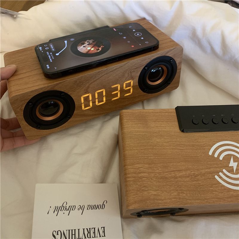 Retro Bluetooth Audio Multi-Function Wireless Rechargeable Alarm Clock Screen Display High Quality Gift Wooden Card_voghion.com