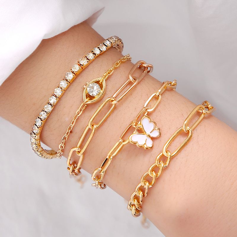 Guoxiu Heißverkauftes Punk-Stil Schmetterling Strass Kette Armband Damen Hip-Hop Schmuck Fünfteiliges Set_voghion.com