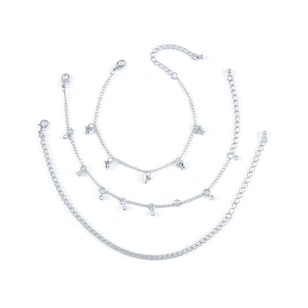A0183 Modetrend Fußkettchen-Set mit diamantbesetztem Schmetterlingsanhänger, mehrschichtige Kette, Strand-Bikini-Fußschmuck_voghion.com
