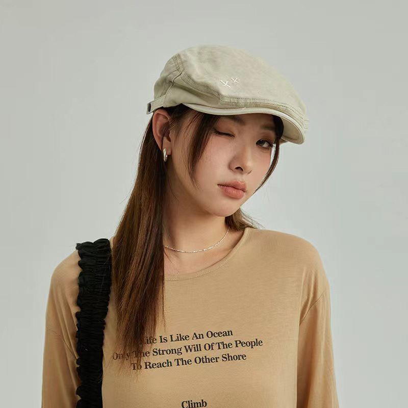 Vintage Washed Denim Beret Hat - Embroidered Painter Cap (Face-Slimming Design Retro Style Adjustable Headband For Big Head Unisex & Versatile)​_voghion.com