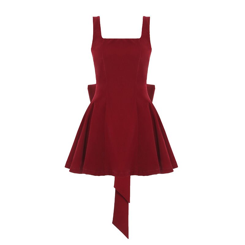 Vêtements pour femmes sexy rouge nouvel an noeud dos nu bretelles gilet robe jupe courte une épaule robe sans manches tendance féminine_voghion.com