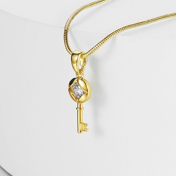 Geometric Key Necklace - Copper Pendant With Micro Inlaid Zircon, Open Design & Color-Preserving Electroplating, Modern Statement Jewelry_voghion.com