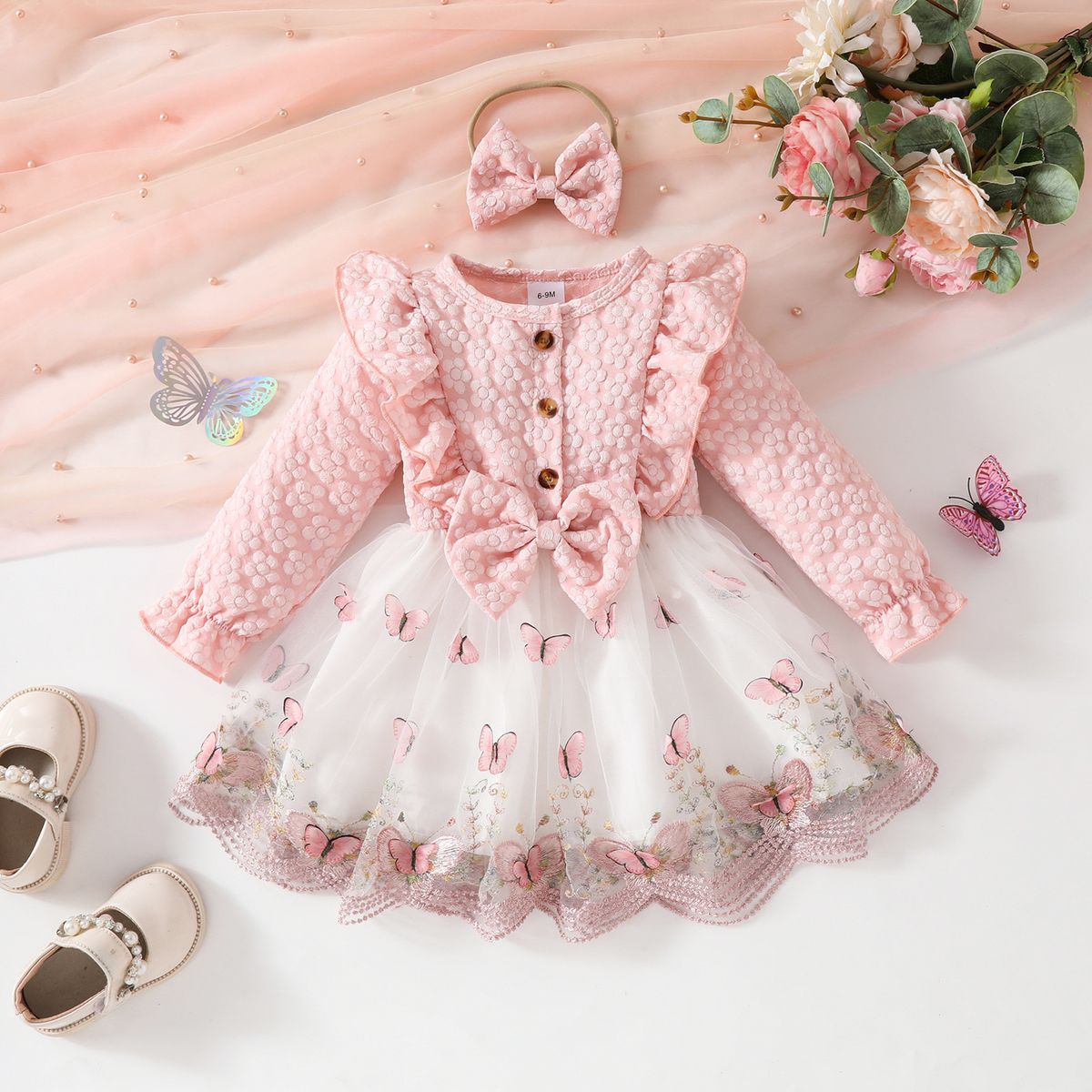 Abbigliamento per bambine, vestito dolce in rete per bambine, autunno e inverno, giacca a maniche lunghe, abito con gilet in rete a farfalla, fascia per capelli_voghion.com