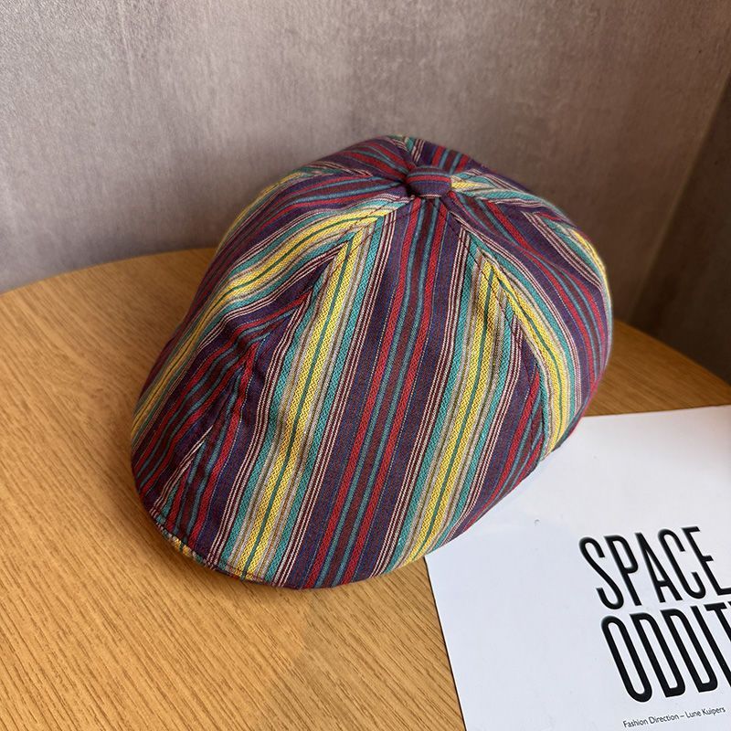 Color Striped Forward Hat Women's Spring And Summer New Retro Versatile Reverse Duck Tongue Beret_voghion.com