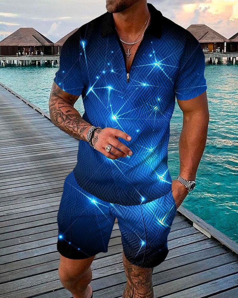 Poloshirt-Set für Herren mit Reißverschluss, lässiges Poloshirt mit 3D-Druck, Shorts für Herren_voghion.com