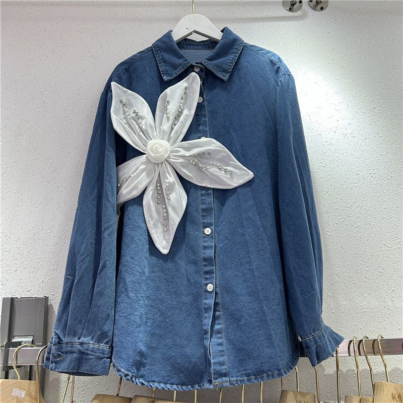 Vêtements pour femmes, chemise à fleurs tridimensionnelles, haut en jean ample et rétro pour femmes_voghion.com