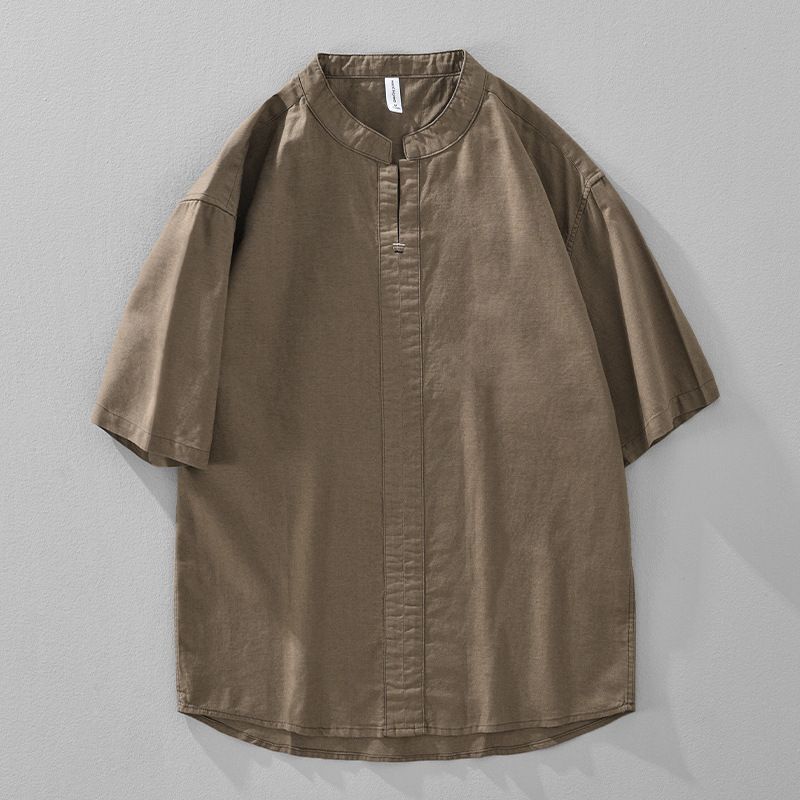 Pull décontracté en coton et lin pour homme, col montant, manches courtes, brodé, couleur unie, ample_voghion.com