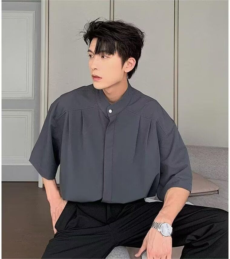 Dënn Äiseid-Kuerzärm-Hemd fir Männer mat engem lässegen Hong Kong-Stil an engem Nischendesign-Sënn, Instagram-Versage-Trend-Halbärm-Top_voghion.com