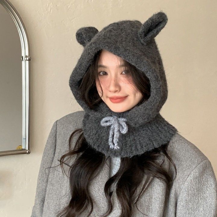 Pasamontañas coreano con orejas bonitas para mujer, gorro cálido de invierno con protección para las orejas, tejido antifrío para el cuello, todo en uno_voghion.com
