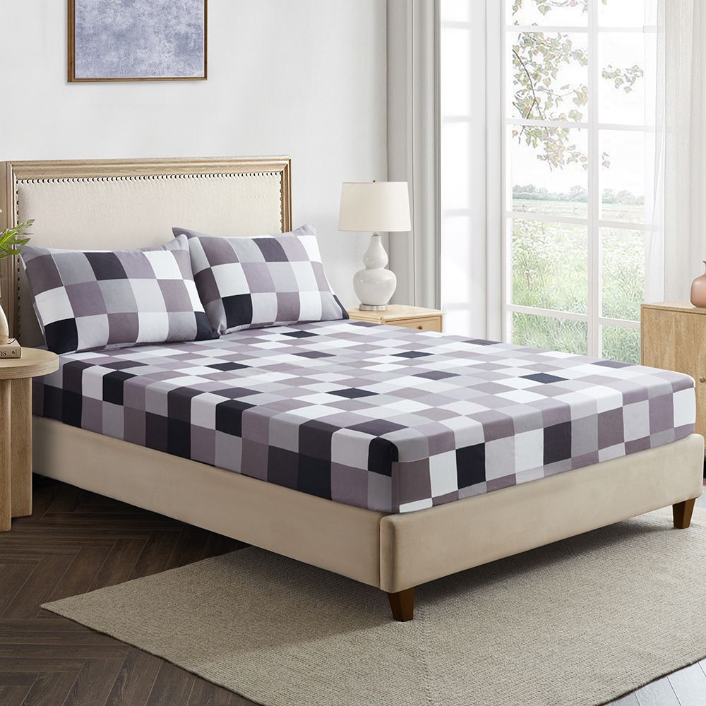 Plaid Geometric Grid Mattress Cover Polyester 3D Printed Bedspread_voghion.com